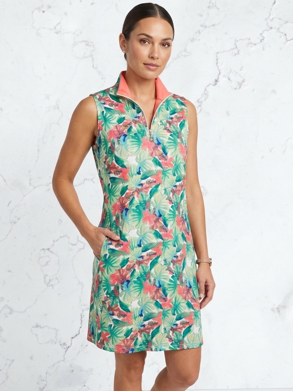 EMERALD 18 Quarter Zip Golf Dress Tropical Resortwear Palm Print Pockets L